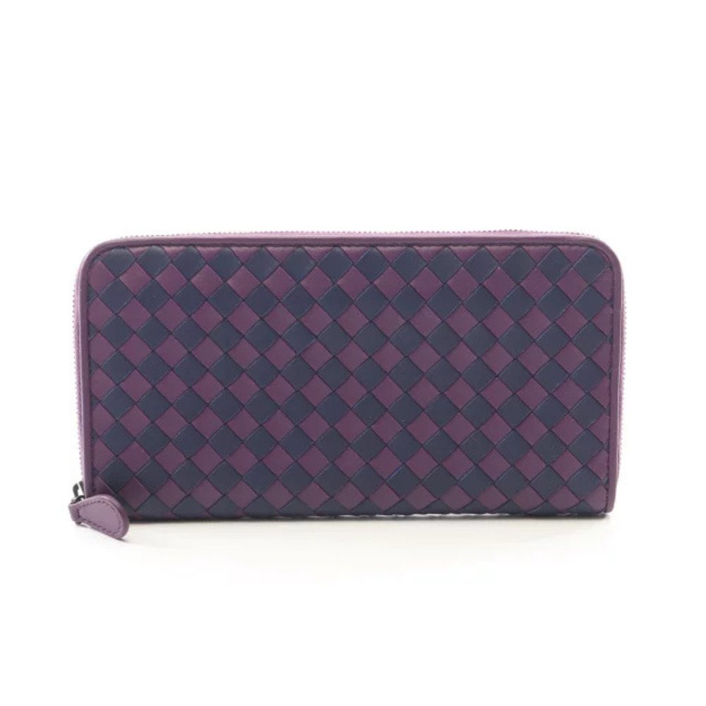 Bottega Veneta Intrecciato Round Zip Wallet Leather Tones Purple Blue